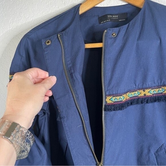 ZARA Basics Women’s Jacket Bell Sleeve Aztec Fringe Blue Size Small Oversize - Picture 5 of 10